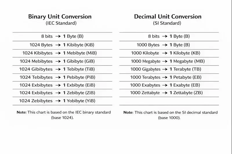 Byte conversion chart comparing IEC binary units (KiB, MiB, GiB, TiB) and SI decimal units (KB, MB, GB, TB), showing base 1024 vs base 1000