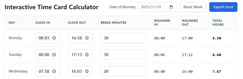 An example of a time card calculation with rounding.